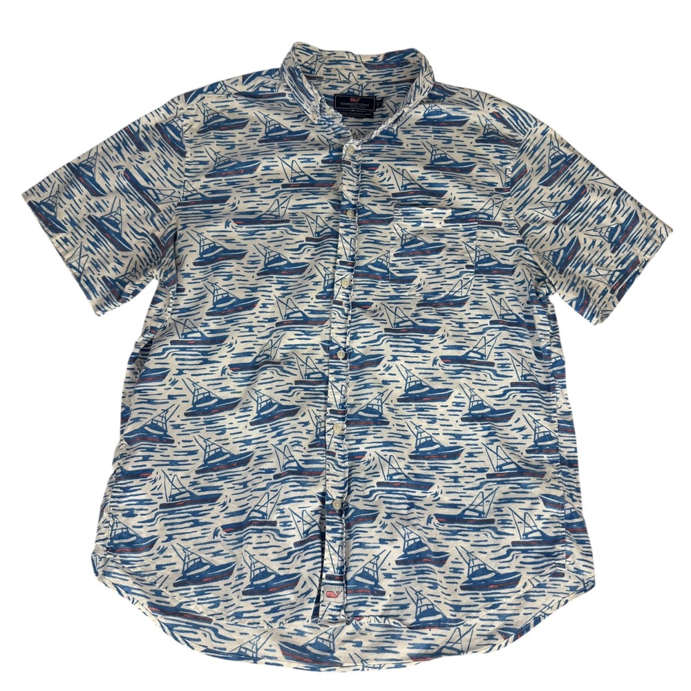 Vineyard Vines Classic Fit Murray Shirt Mens L Short Sleeve Sail Boat Print